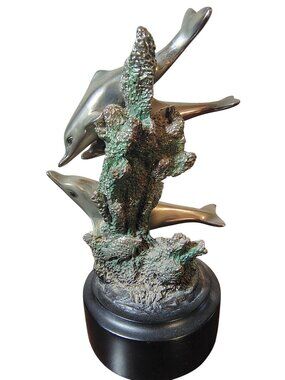 3 Dolphins on Reef Electroplated Metal Art Sculpture on Base, Nautica Sea Life